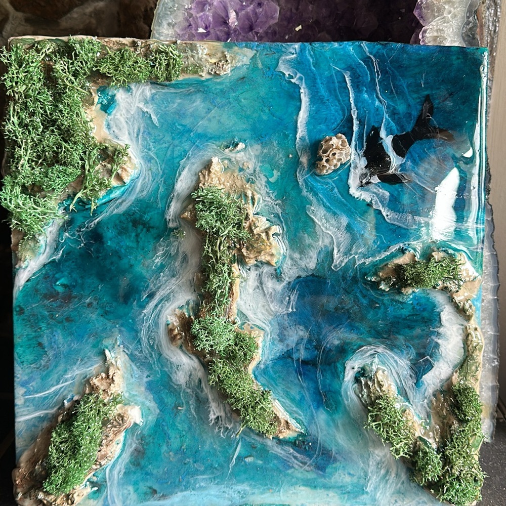 Island ocean orca 3D modern artwork with real moss